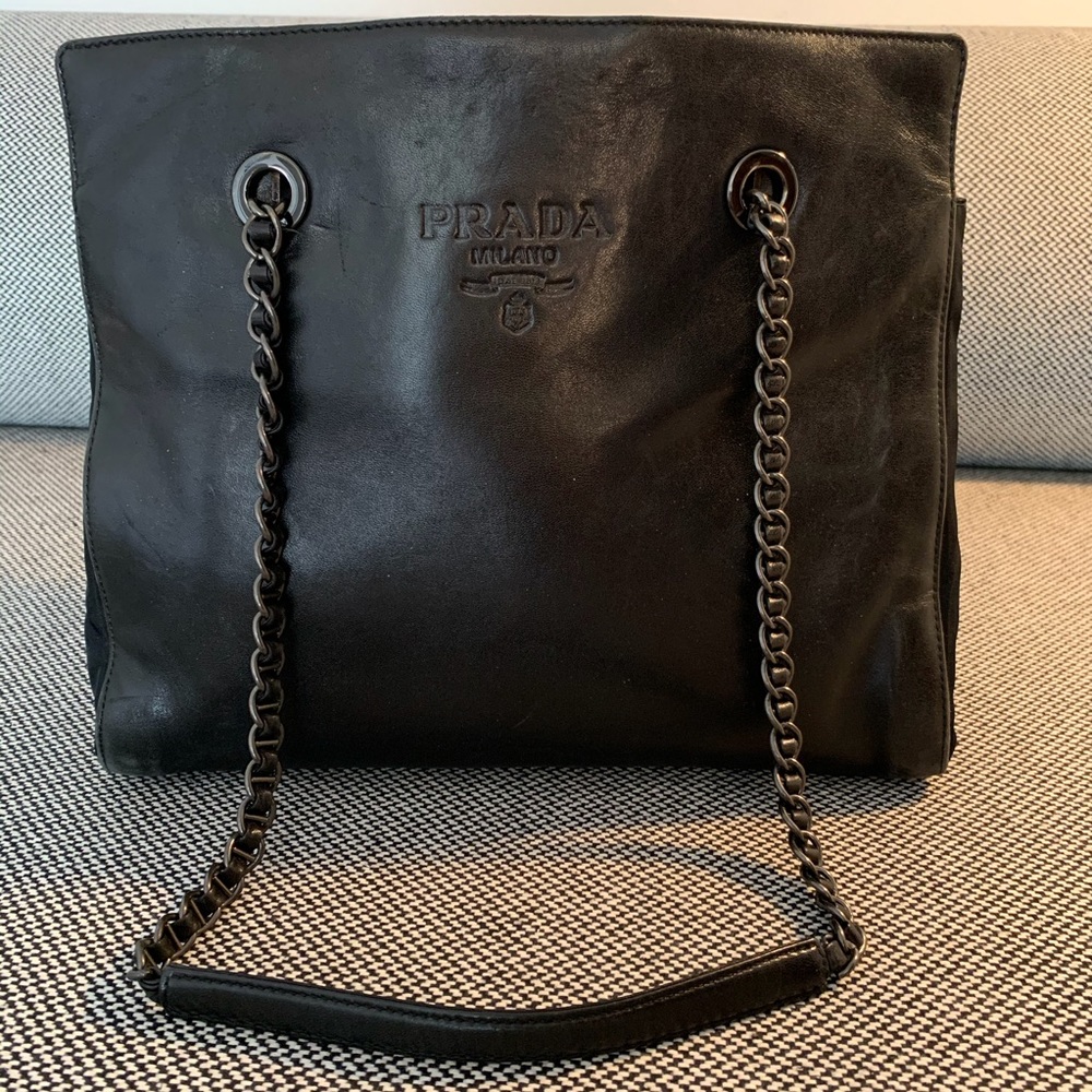 PRADA Vintage Black Leather Tessuto Chain Tote Shoulder Bag